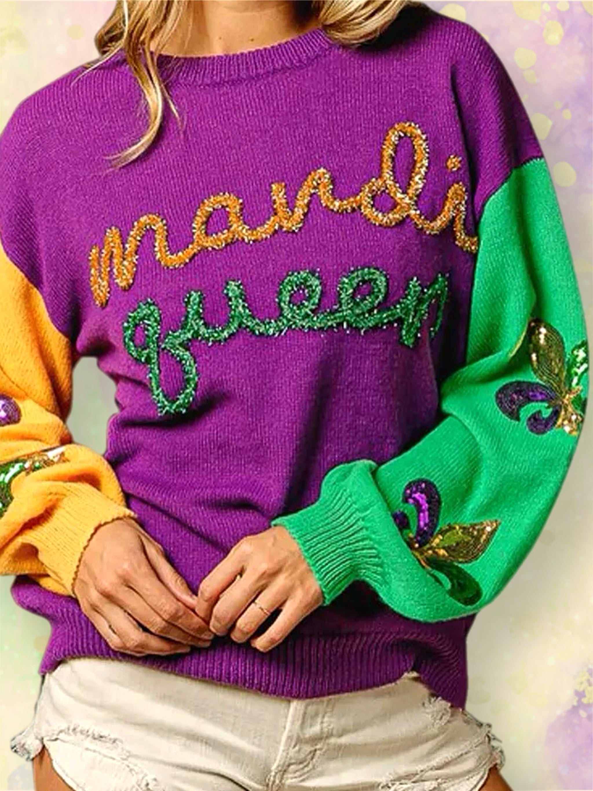 Mardi Gras Letter Patches Sequin Top